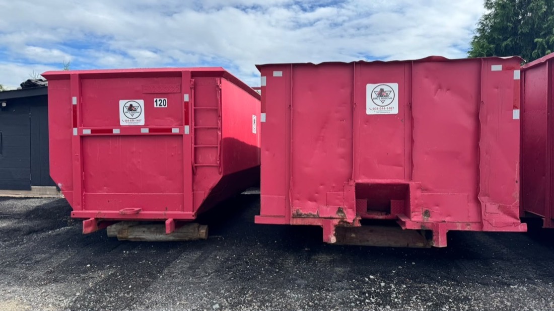 Eric's Disposal roll off bins in a range of sizes, staged and ready for delivery at the Surrey yard